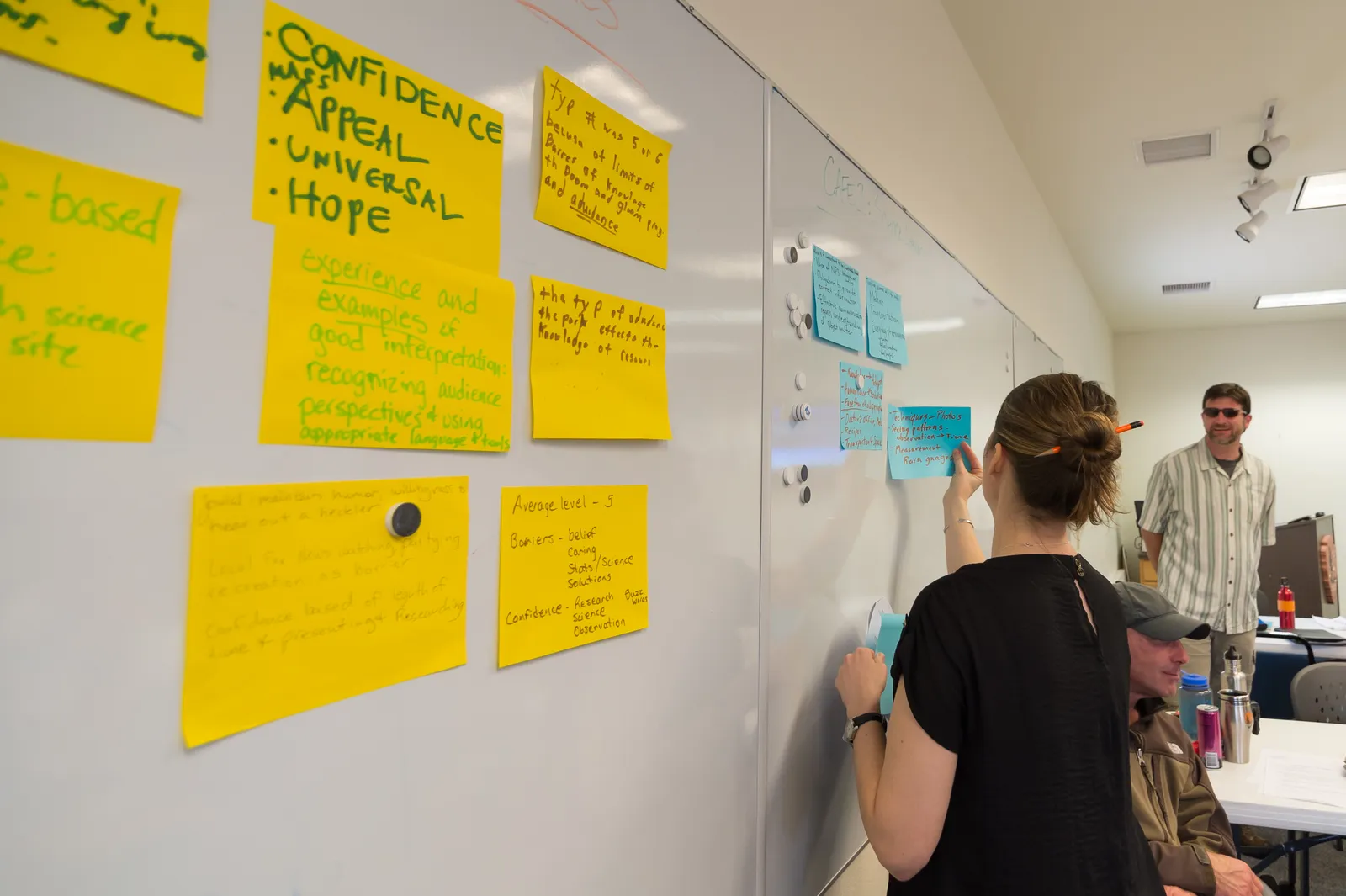 Yellow and blue sticky notes on a whiteboard during a team planning session