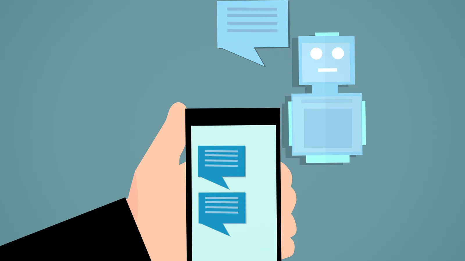 Illustration of a hand holding a smartphone chatting with an AI chatbot