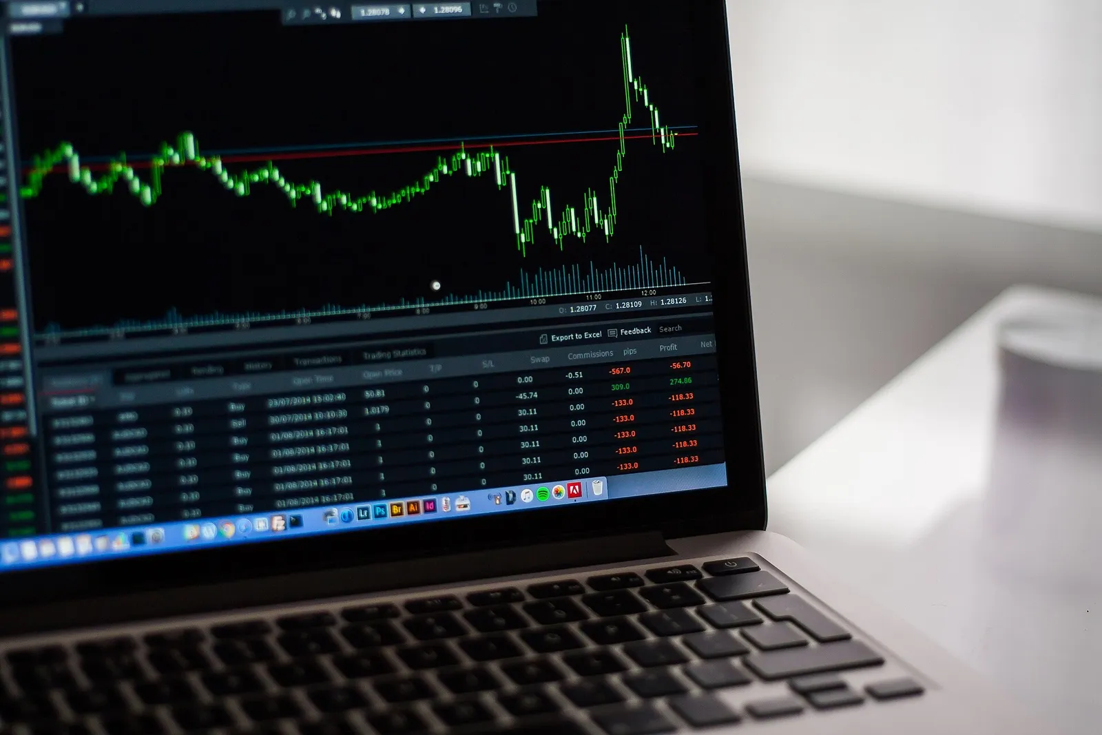 Laptop screen showing a line chart and a table of figures on an office desk