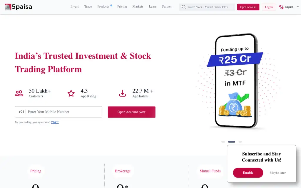 5paisa website homepage screenshot