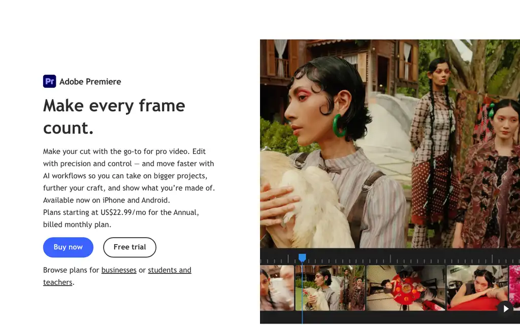 Adobe Premiere Pro website homepage screenshot
