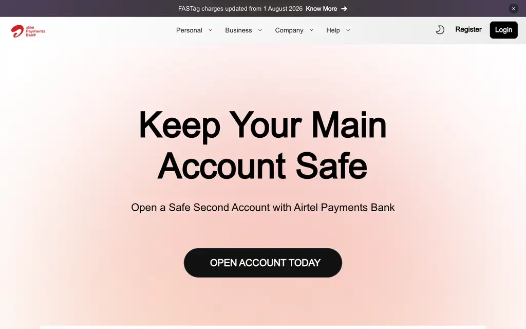 Airtel Payments Bank website homepage screenshot