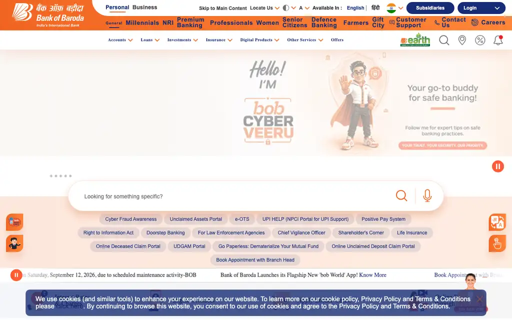 Bank of Baroda bob World website homepage screenshot