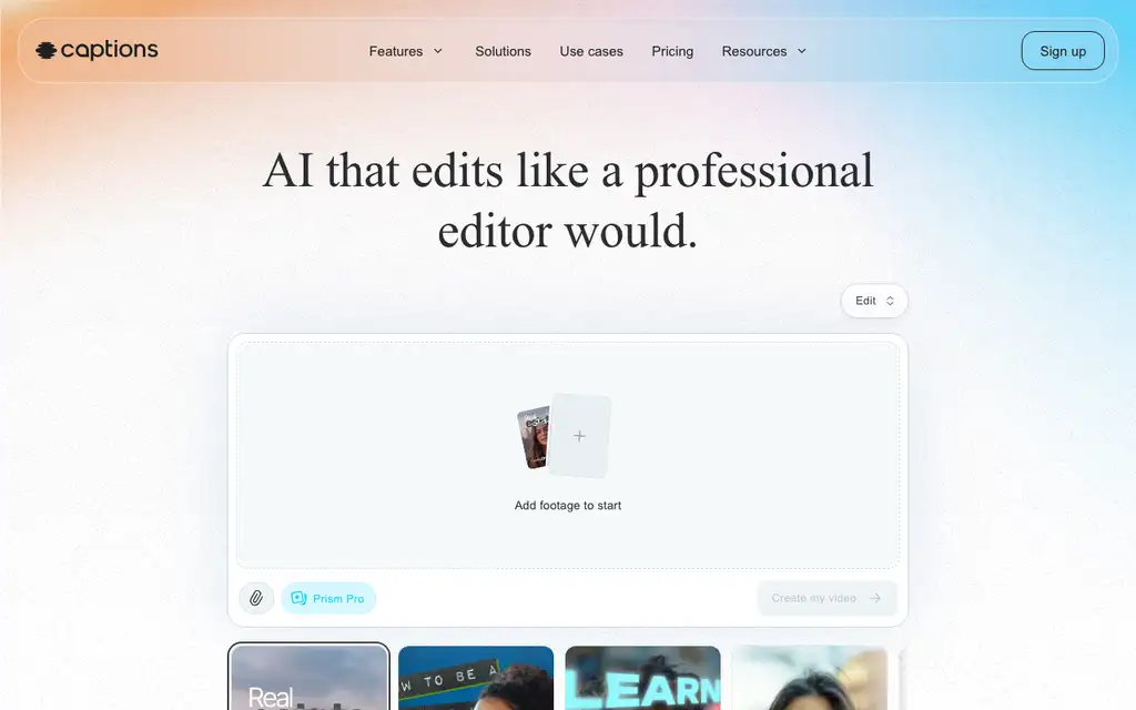 Captions website homepage screenshot