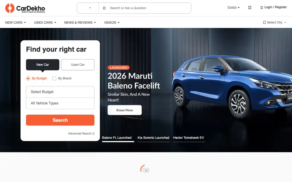 CarDekho Dealer Solutions website homepage screenshot