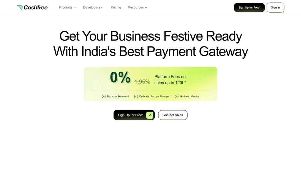 Cashfree Payment Links website homepage screenshot
