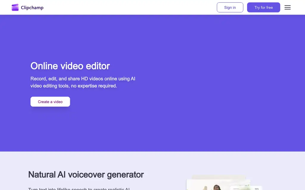 Clipchamp website homepage screenshot