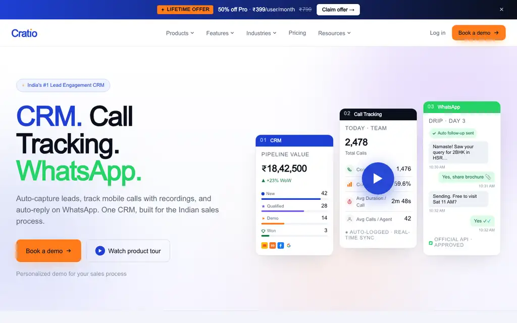 Cratio CRM website homepage screenshot