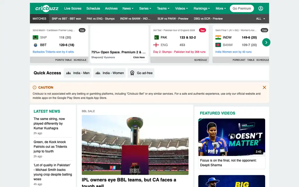 Cricbuzz website homepage screenshot