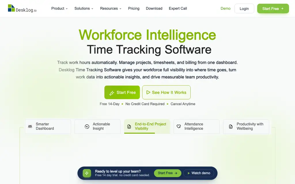 Desklog website homepage screenshot