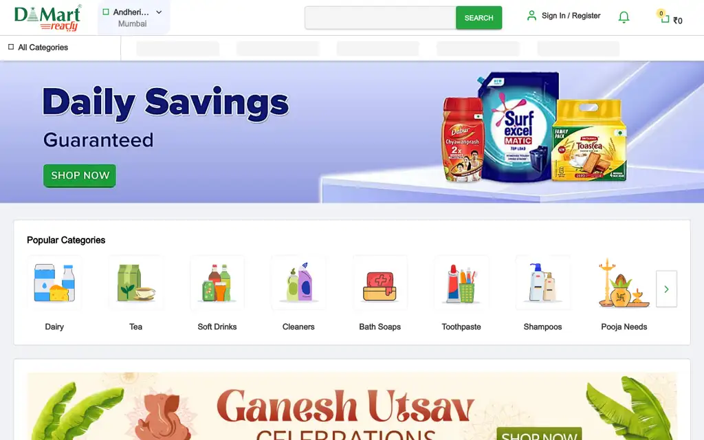 DMart Ready website homepage screenshot