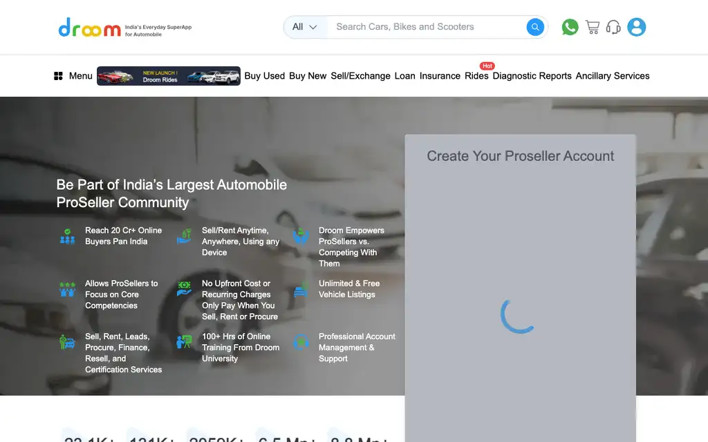Droom Dealer website homepage screenshot