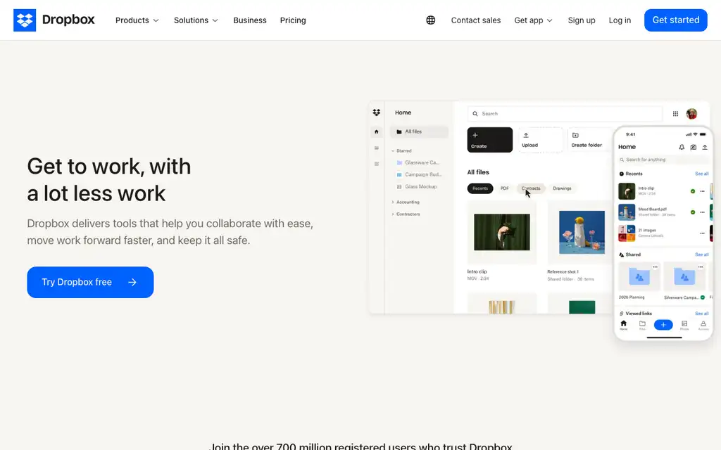 Dropbox website homepage screenshot