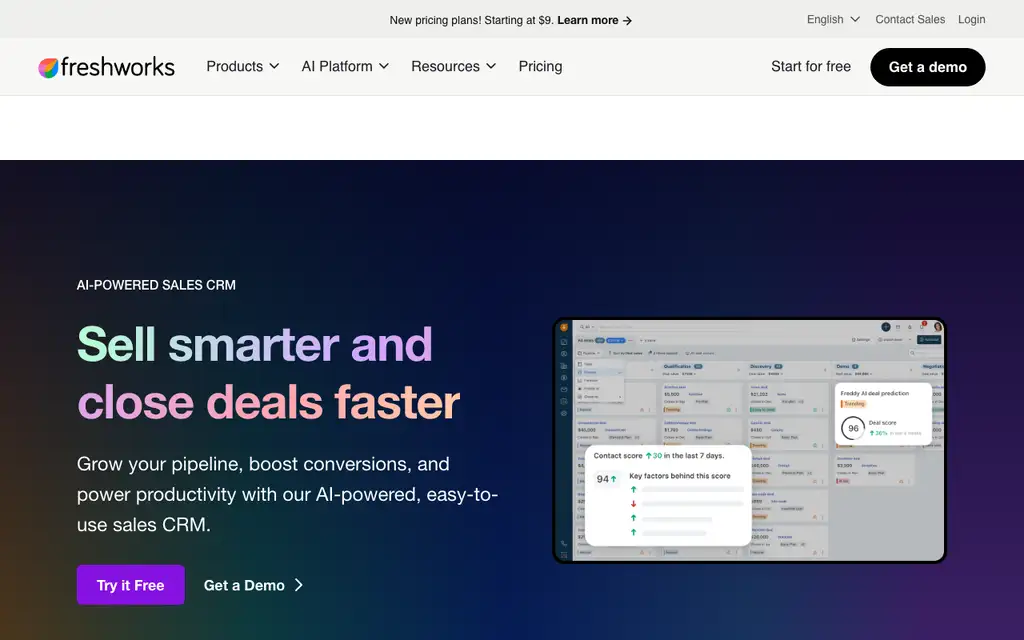 Freshsales Suite website homepage screenshot