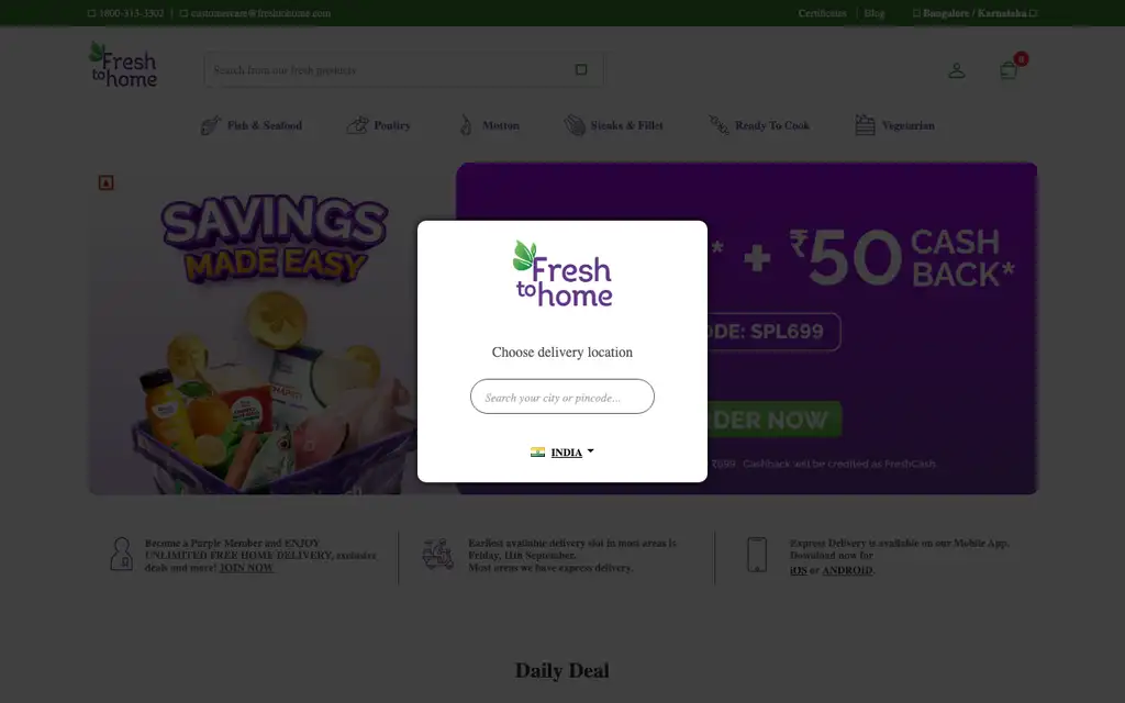 FreshToHome website homepage screenshot