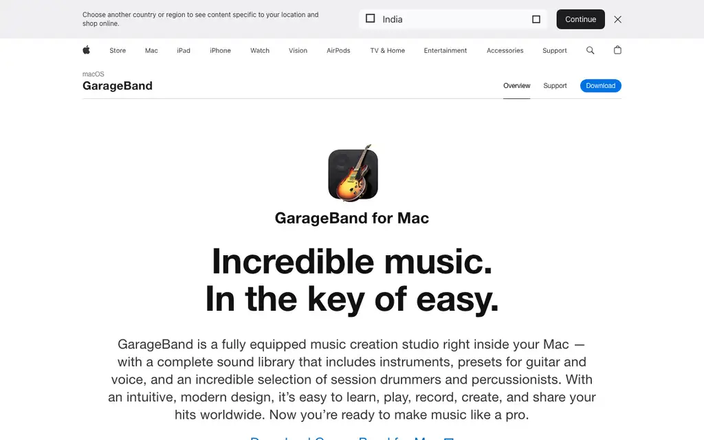 GarageBand website homepage screenshot