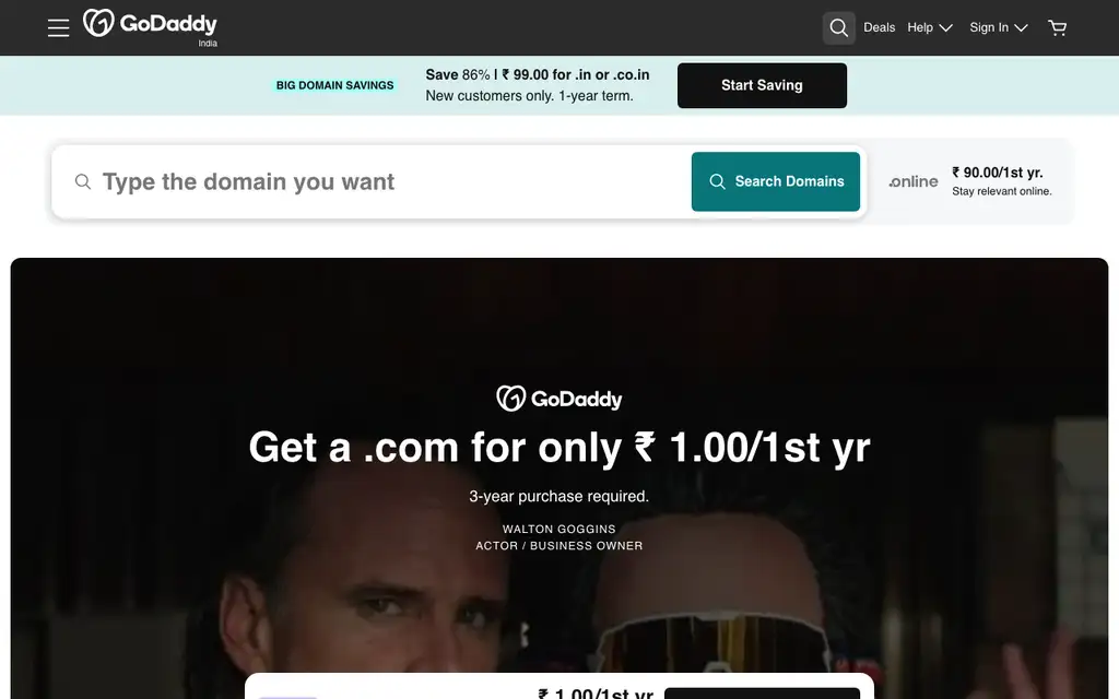 GoDaddy India website homepage screenshot