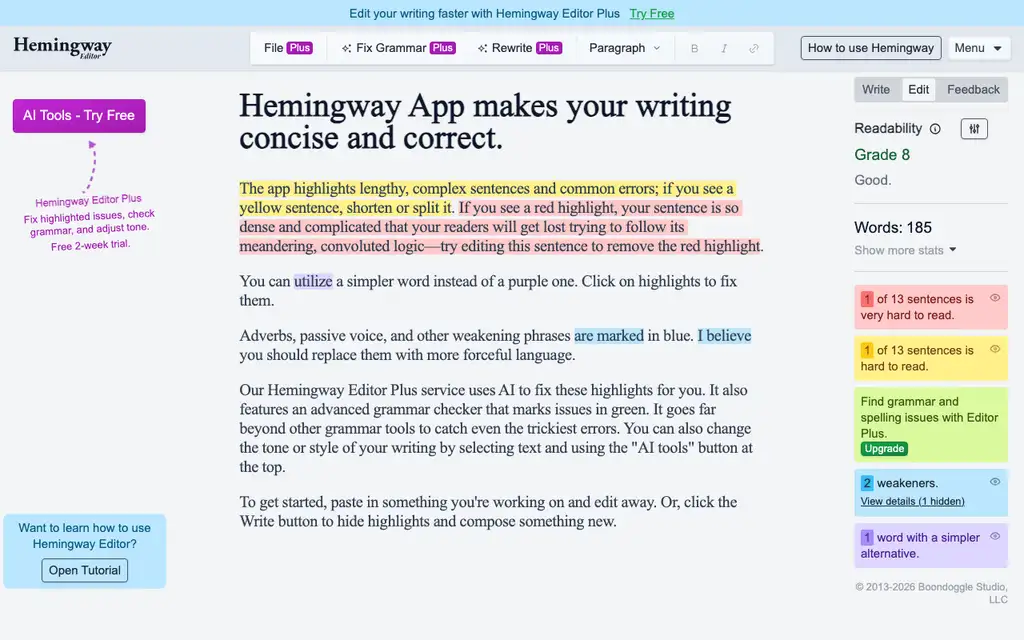 Hemingway Editor website homepage screenshot