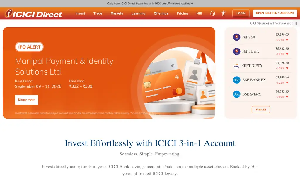 ICICI Direct website homepage screenshot