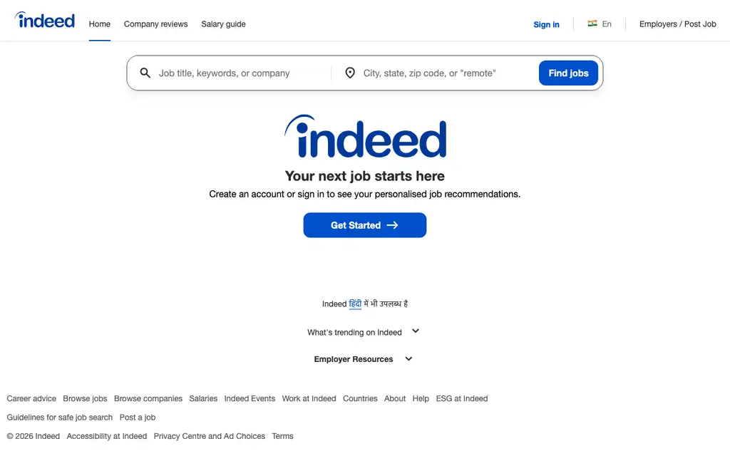 Indeed India website homepage screenshot