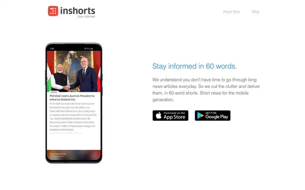 Inshorts website homepage screenshot