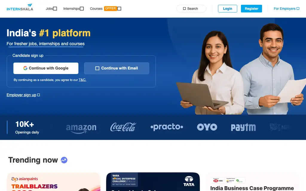 Internshala website homepage screenshot