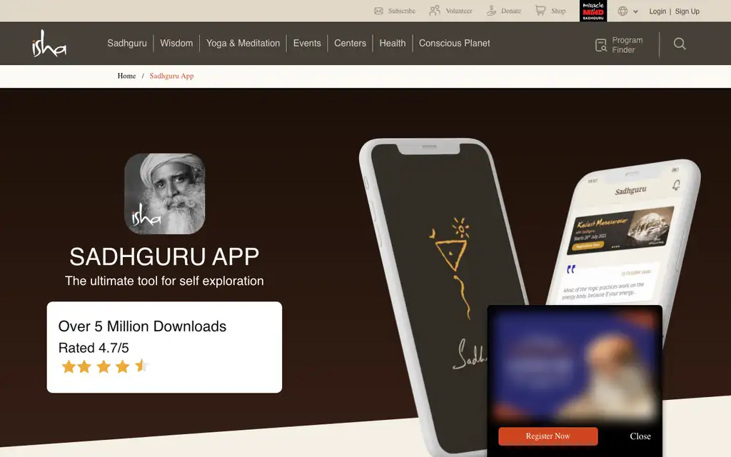 Isha Foundation App website homepage screenshot