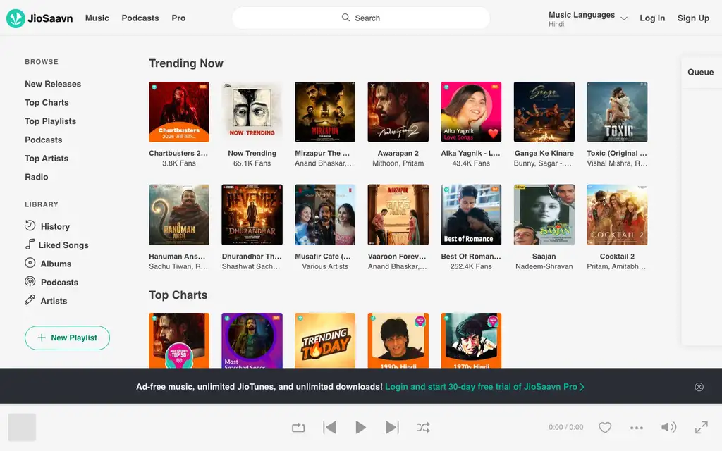 JioSaavn website homepage screenshot