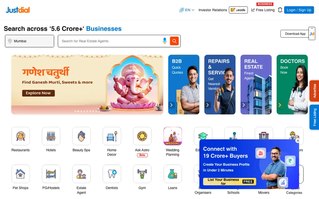 Justdial App website homepage screenshot
