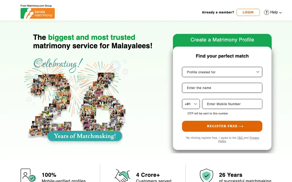 Kerala Matrimony website homepage screenshot