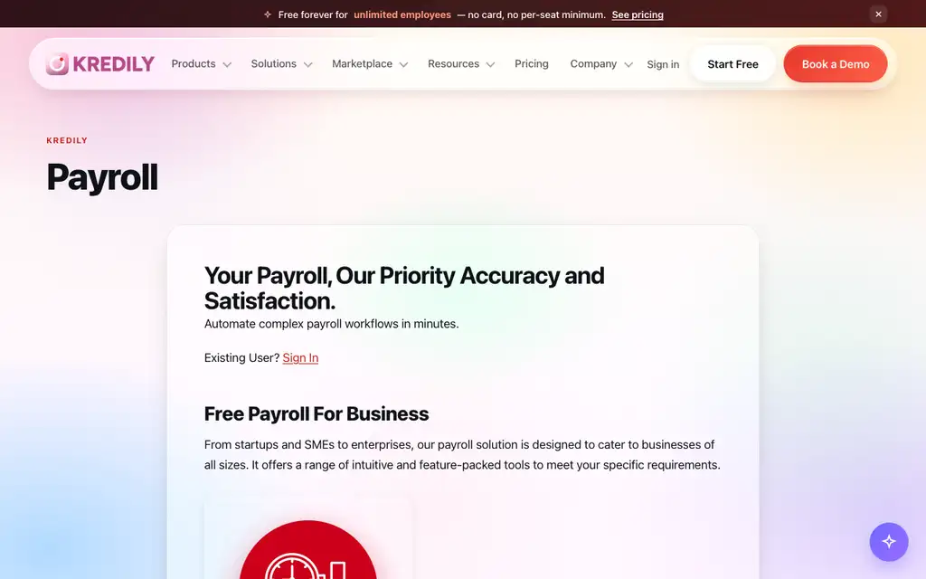 Kredily Payroll website homepage screenshot