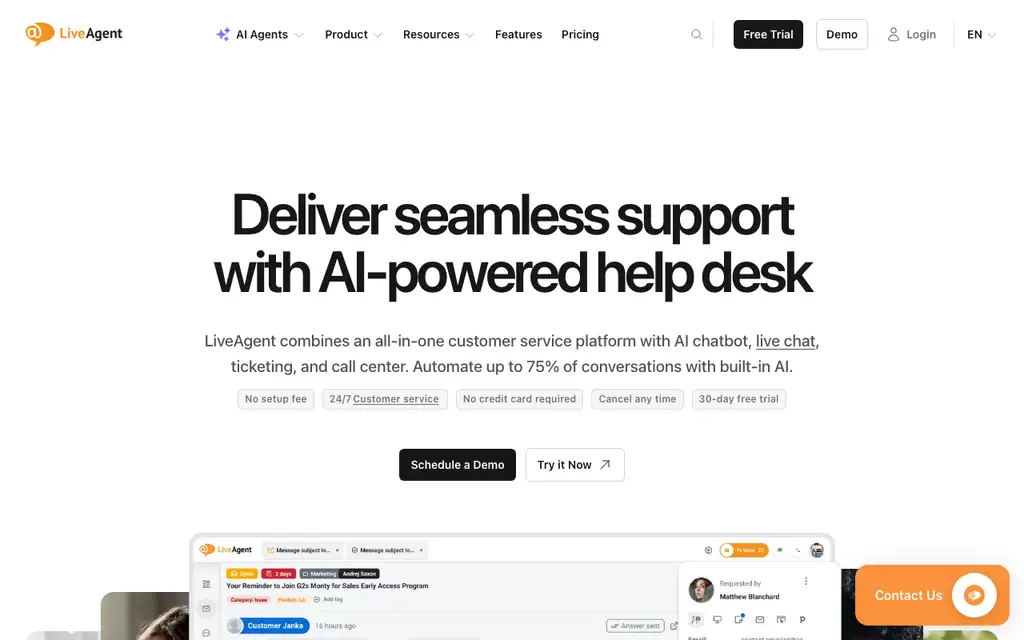 LiveAgent website homepage screenshot