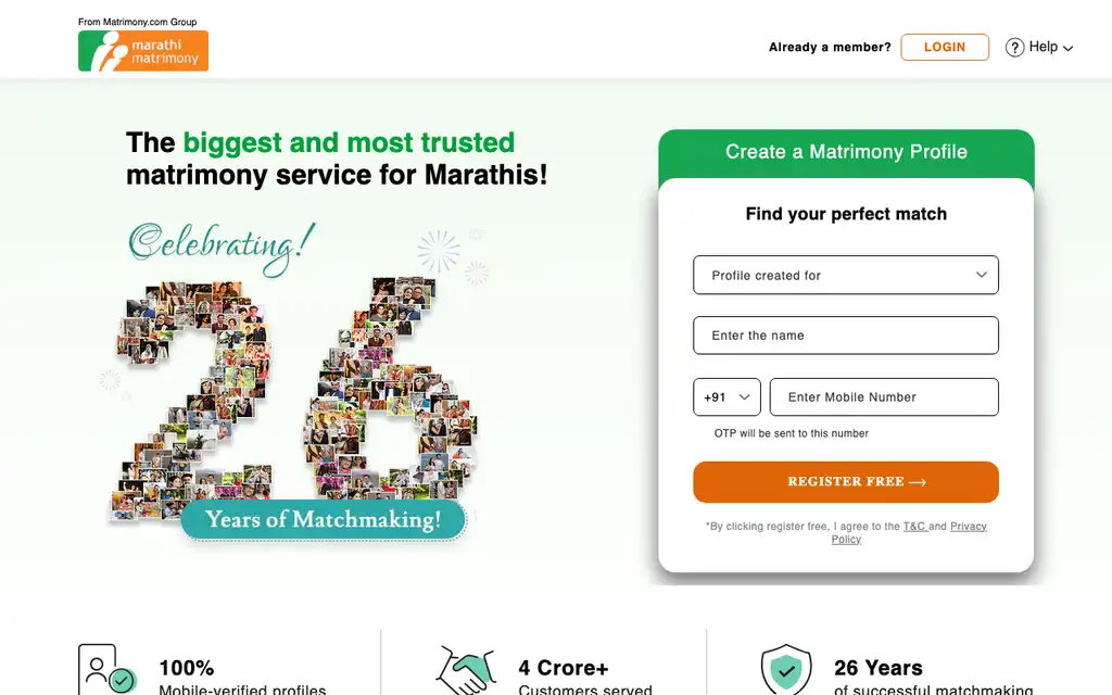 Marathi Matrimony website homepage screenshot