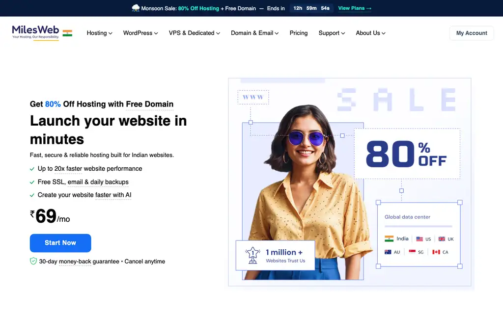 MilesWeb website homepage screenshot