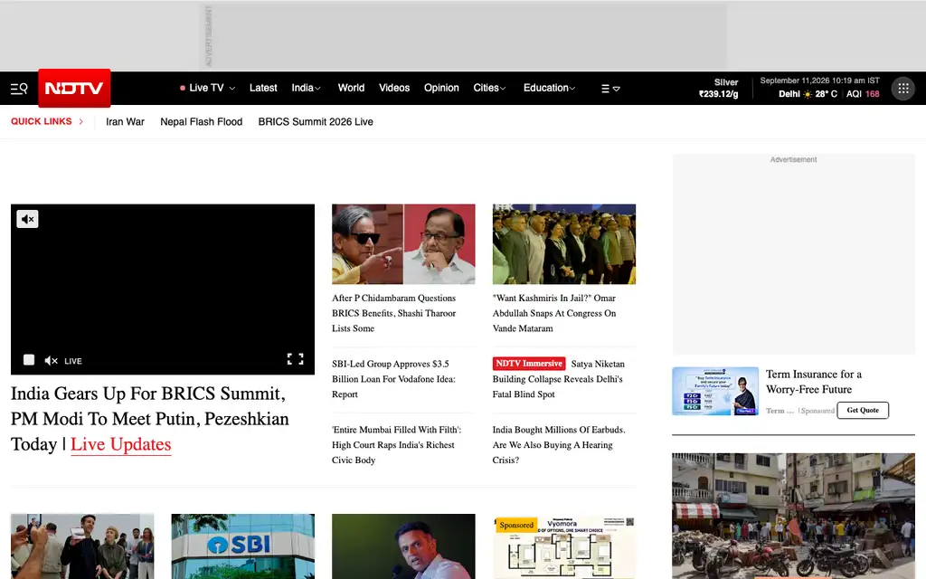 NDTV App website homepage screenshot