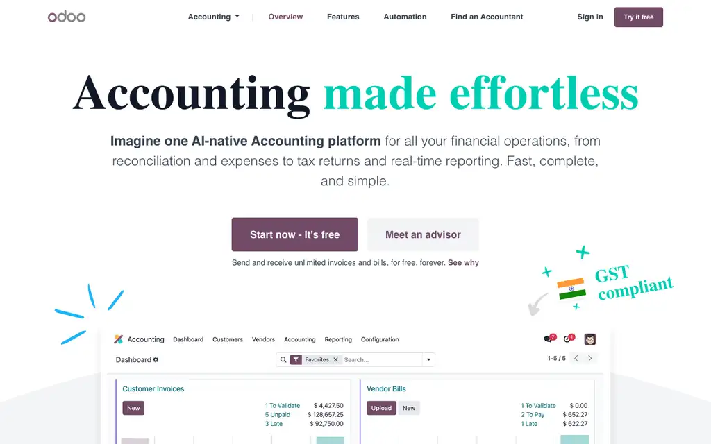 Odoo Accounting website homepage screenshot