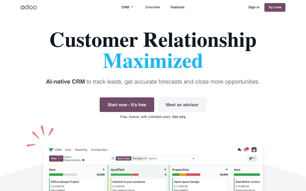 Odoo CRM website homepage screenshot