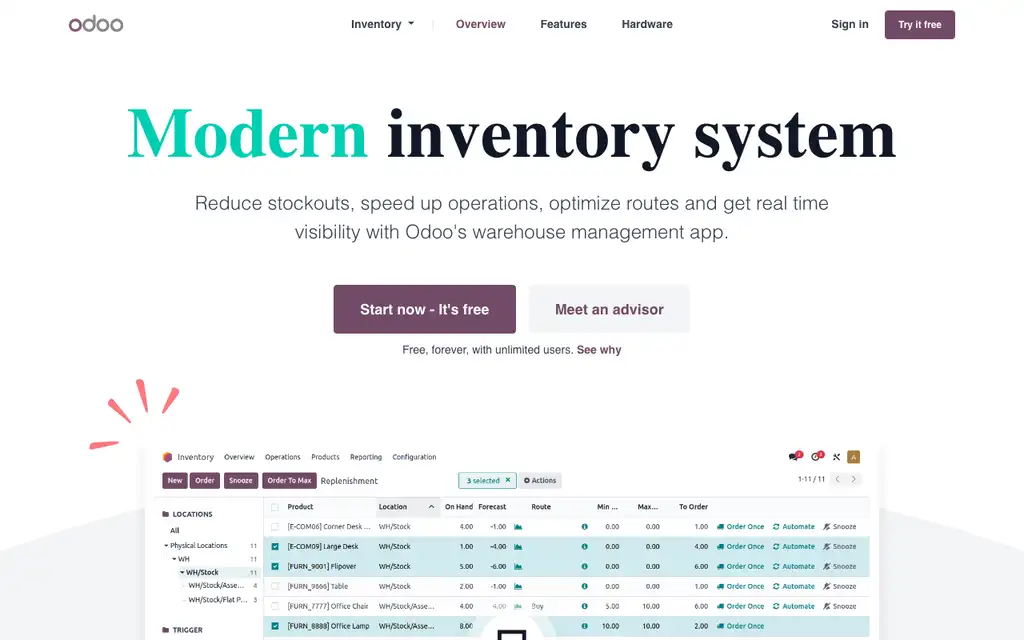 Odoo Inventory website homepage screenshot