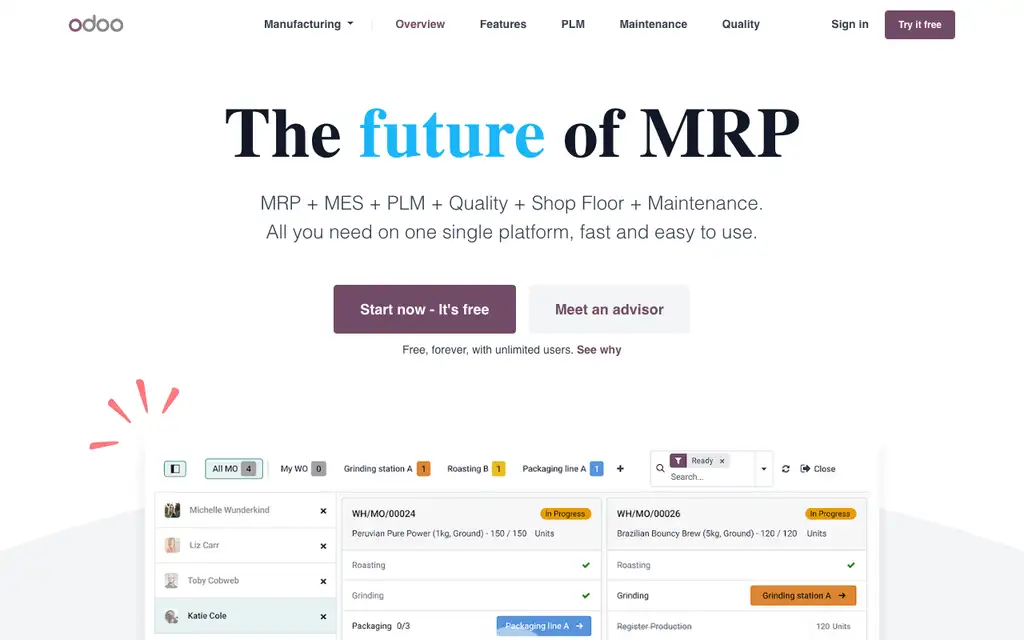 Odoo Manufacturing website homepage screenshot