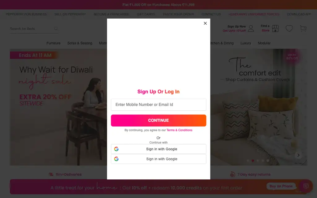 Pepperfry website homepage screenshot