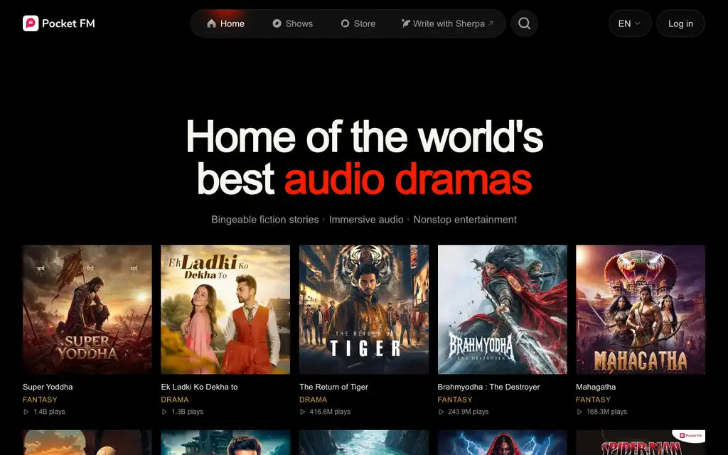 Pocket FM App website homepage screenshot