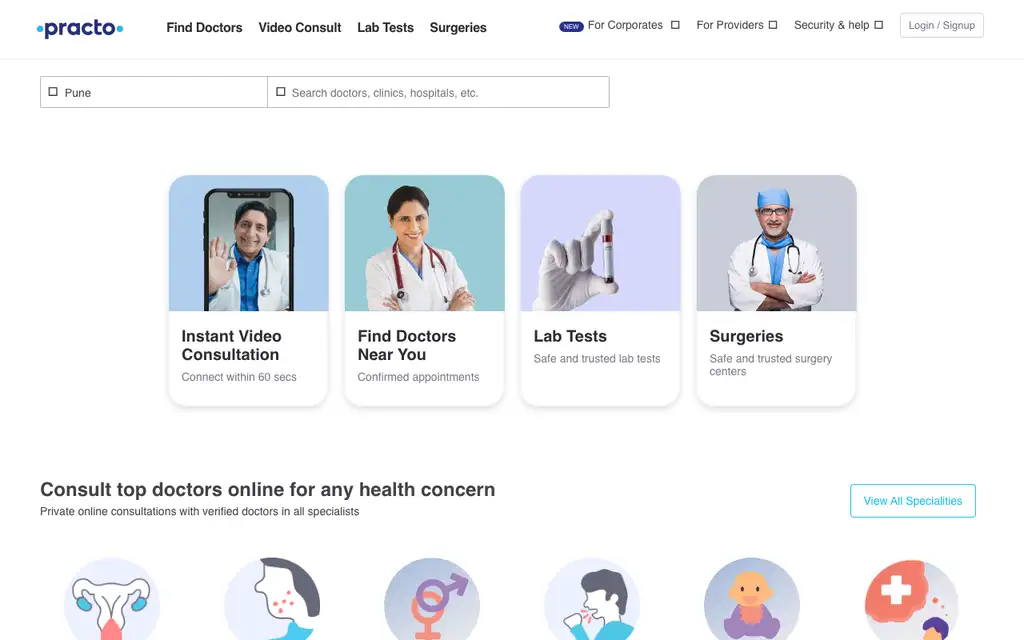 Practo website homepage screenshot