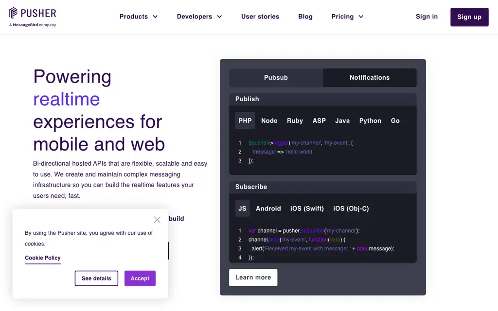 Pusher website homepage screenshot