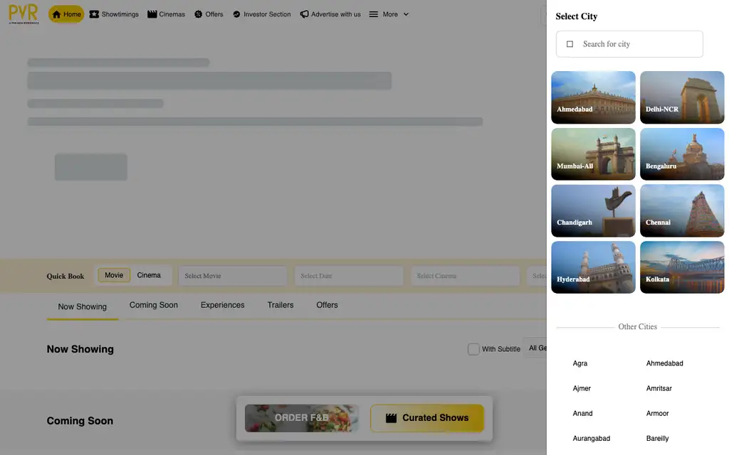 PVR Inox website homepage screenshot
