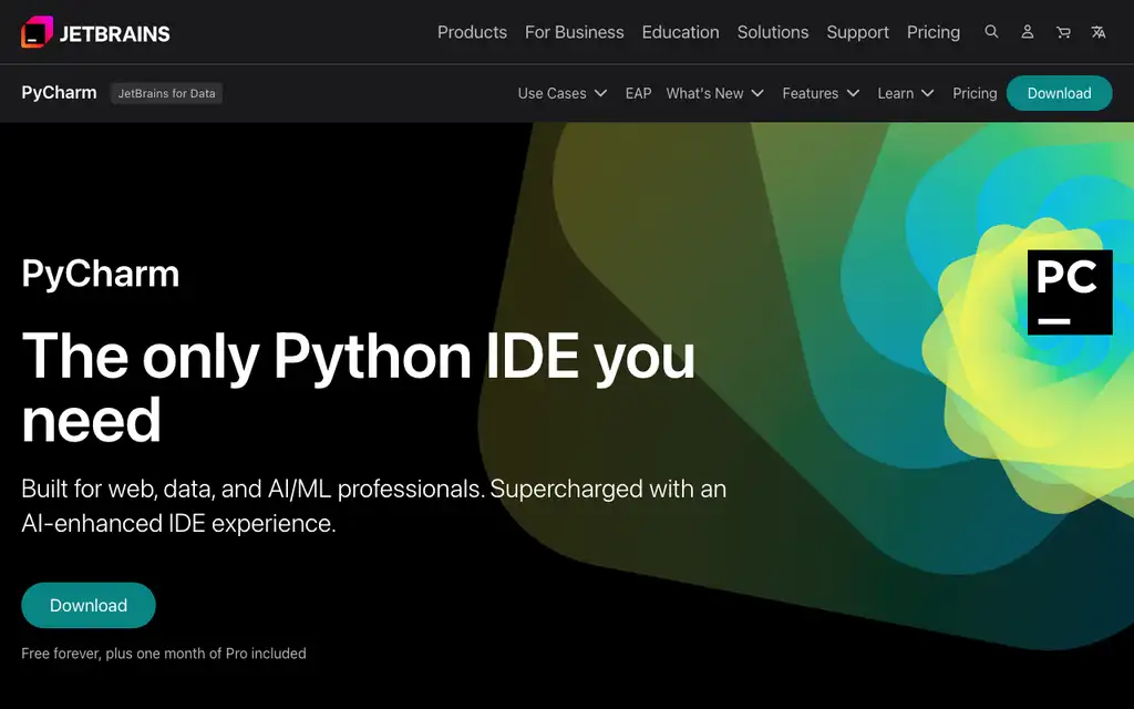 PyCharm website homepage screenshot