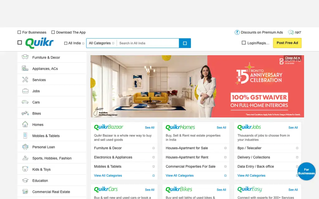 Quikr website homepage screenshot