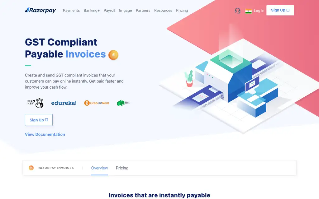 Razorpay Invoices website homepage screenshot
