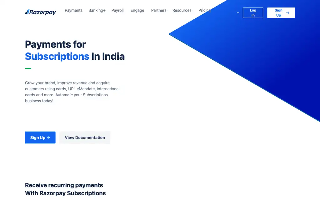 Razorpay Subscriptions website homepage screenshot