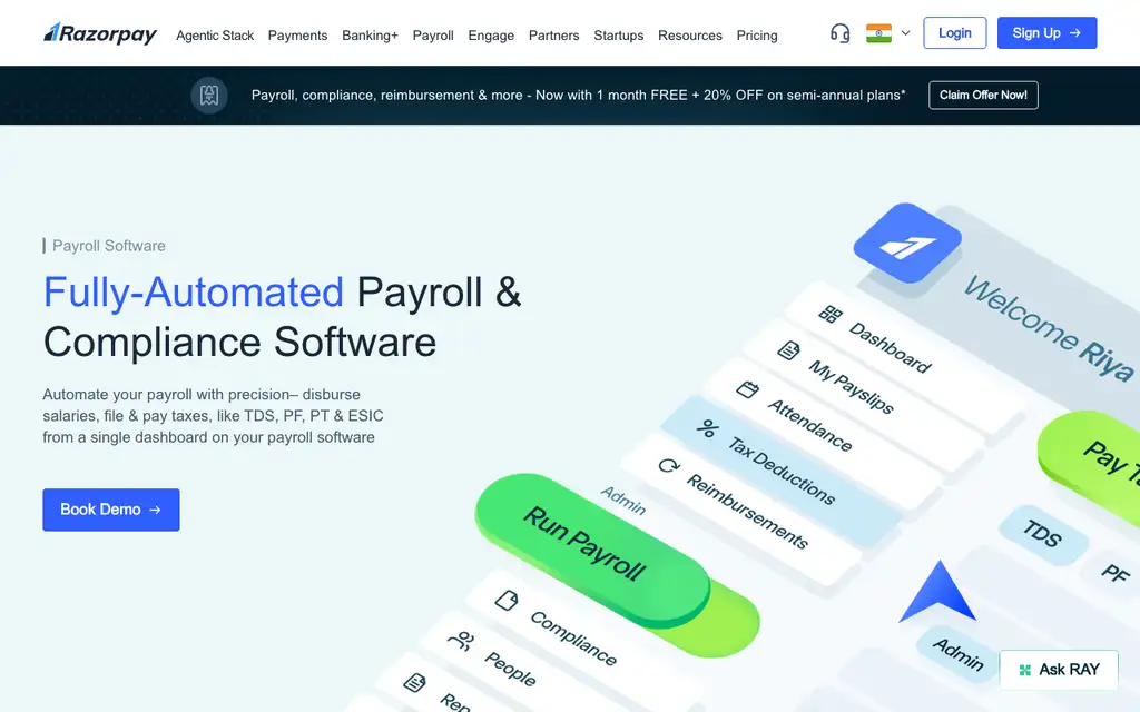 RazorpayX Payroll website homepage screenshot