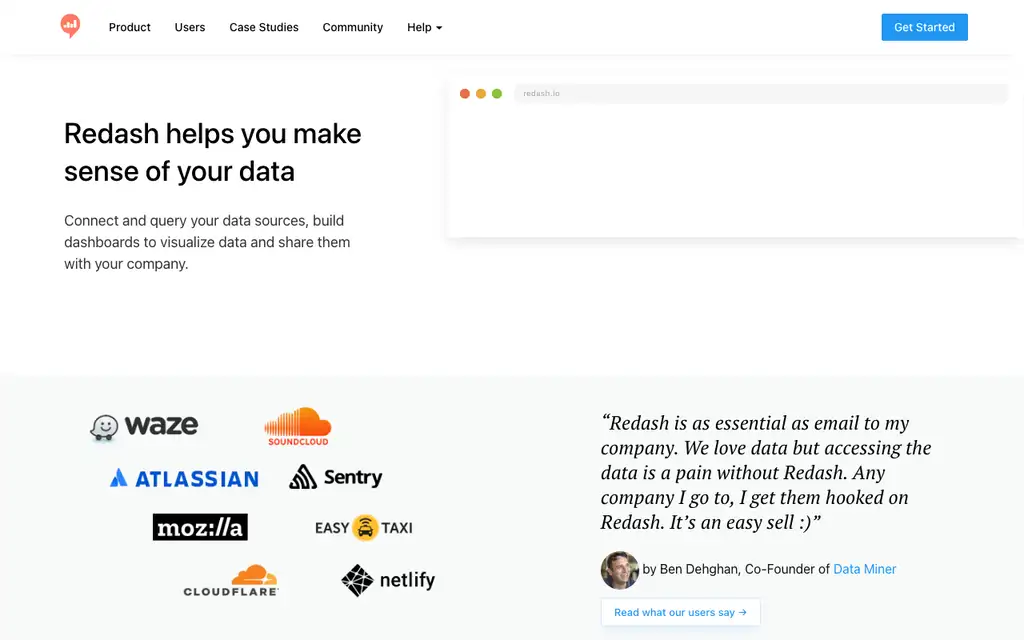 Redash website homepage screenshot